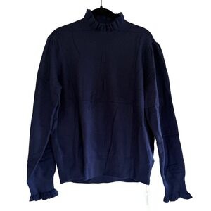 Saodimallsu Women Dark Blue Ruffle Mock Neck Puff Sleeve Knit Sweater XL G3P756
